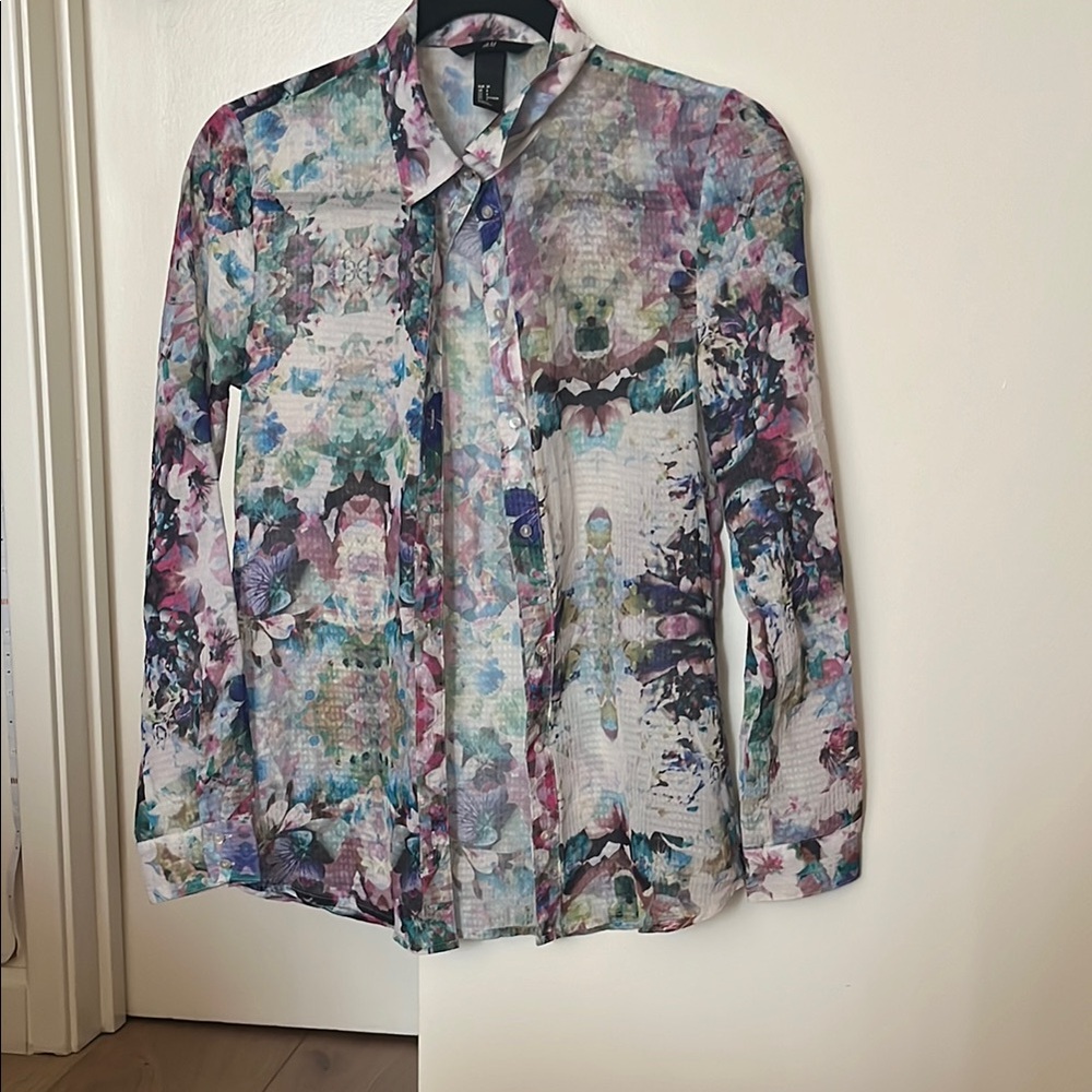 Blue and Purple Casual Button Down Shirt with Watercolor Print
